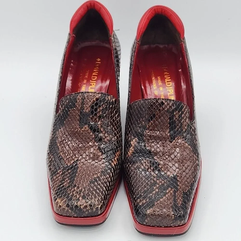 Donald Pliner Snake Wedges Red Modern Loafers Slip On Leather 6 Made in Italy
